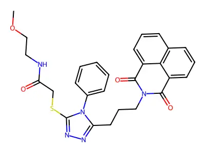 2-({5-[3-(1,3-dioxo-1H-benzo[de]isoquinolin-2(3H)-yl)propyl]-4-phenyl-4H-1,2,4-triazol-3-yl}sulfanyl)-N-(2-methoxyethyl)acetamide structure