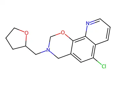 6-chloro-3-(tetrahydrofuran-2-ylmethyl)-3,4-dihydro-2H-[1,3]oxazino[5,6-h]quinoline structure
