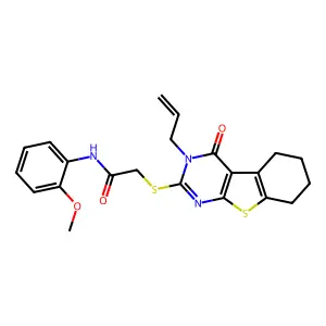 N-(2-methoxyphenyl)-2-(4-oxo-3-prop-2-enyl(3,5,6,7,8-pentahydrobenzo[b]thiophe no[2,3-d]pyrimidin-2-ylthio))acetamide structure