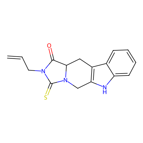 2-(prop-2-en-1-yl)-3-thioxo-2,3,5,6,11,11a-hexahydro-1H-imidazo[1',5':1,6]pyrido[3,4-b]indol-1-one structure
