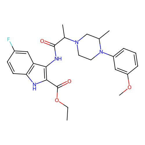 ethyl 5-fluoro-3-({2-[(3R)-4-(3-methoxyphenyl)-3-methylpiperazin-1-yl]propanoyl}amino)-1H-indole-2-carboxylate structure