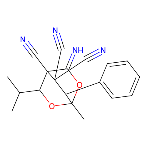 2-imino-4-methyl-8-phenyl-6-propan-2-yl-3,5-dioxabicyclo[2.2.2]octane-1,7,7-tricarbonitrile structure