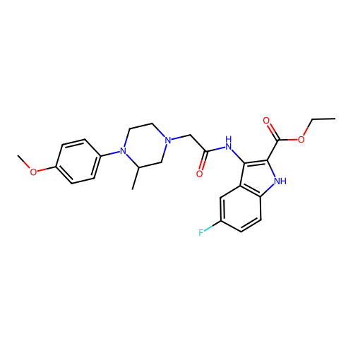 (S)-ethyl 5-fluoro-3-(2-(4-(4-methoxyphenyl)-3-methylpiperazin-1-yl)acetamido)-1H-indole-2-carboxylate structure