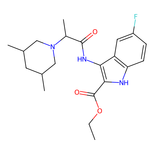 ethyl 3-(2-(3,5-dimethylpiperidin-1-yl)propanamido)-5-fluoro-1H-indole-2-carboxylate structure