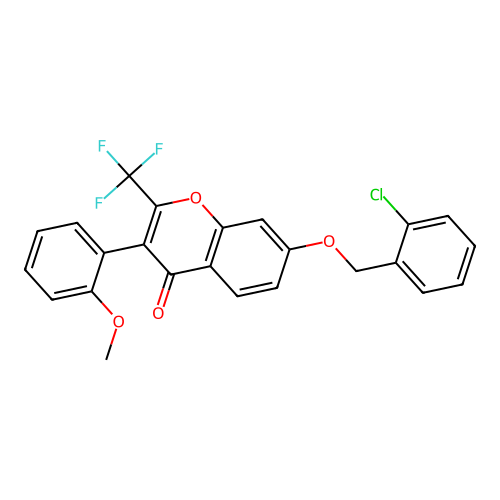 7-((2-chlorobenzyl)oxy)-3-(2-methoxyphenyl)-2-(trifluoromethyl)-4H-chromen-4-one structure