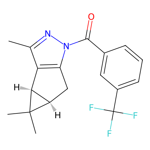 (3-(trifluoromethyl)phenyl)((3bS,4aR)-3,4,4-trimethyl-3b,4,4a,5-tetrahydro-1H-cyclopropa[3,4]cyclopenta[1,2-c]pyrazol-1-yl)methanone structure