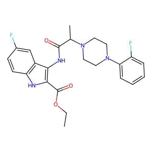 Ethyl 5-fluoro-3-[2-[4-(2-fluorophenyl)piperazin-1-yl]propanoylamino]-1H-indole-2-carboxylate structure