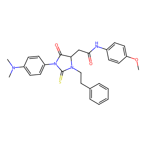 2-(1-(4-(dimethylamino)phenyl)-5-oxo-3-phenethyl-2-thioxoimidazolidin-4-yl)-N-(4-methoxyphenyl)acetamide structure