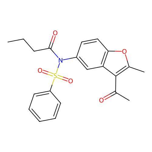 N-(3-acetyl-2-methyl-1-benzofuran-5-yl)-N-(benzenesulfonyl)butanamide structure
