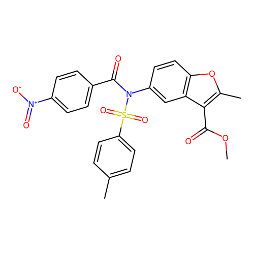 methyl 2-methyl-5-(4-nitro-N-tosylbenzamido)benzofuran-3-carboxylate structure