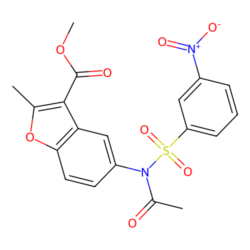 methyl 2-methyl-5-(N-((3-nitrophenyl)sulfonyl)acetamido)benzofuran-3-carboxylate structure
