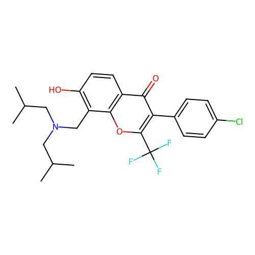 3-(4-chlorophenyl)-8-((diisobutylamino)methyl)-7-hydroxy-2-(trifluoromethyl)-4H-chromen-4-one structure