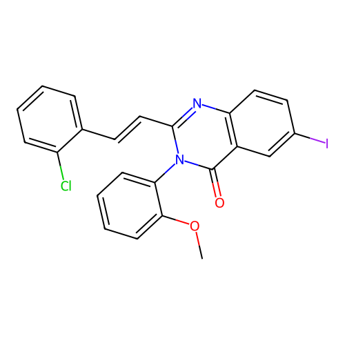2-[(E)-2-(2-chlorophenyl)ethenyl]-6-iodo-3-(2-methoxyphenyl)quinazolin-4(3H)-one structure