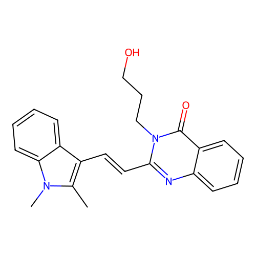 (E)-2-(2-(1,2-dimethyl-1H-indol-3-yl)vinyl)-3-(3-hydroxypropyl)quinazolin-4(3H)-one structure