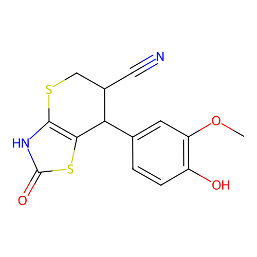 7-(4-hydroxy-3-methoxyphenyl)-2-oxo-3,5,6,7-tetrahydro-2H-thiopyrano[2,3-d][1,3]thiazole-6-carbonitrile structure