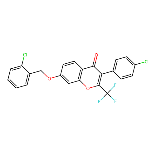 7-((2-chlorobenzyl)oxy)-3-(4-chlorophenyl)-2-(trifluoromethyl)-4H-chromen-4-one structure