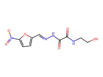 N-(2-hydroxyethyl)-N'-[(5-nitrofuran-2-yl)methylideneamino]oxamide structure