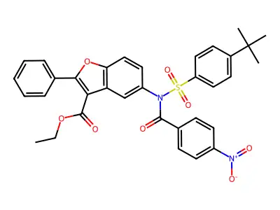 ethyl 5-(N-((4-(tert-butyl)phenyl)sulfonyl)-4-nitrobenzamido)-2-phenylbenzofuran-3-carboxylate structure