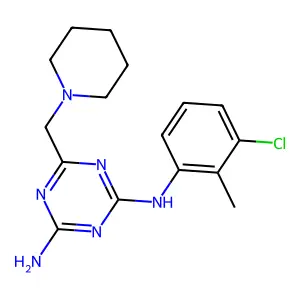 N-(3-chloro-2-methylphenyl)-6-(piperidin-1-ylmethyl)-1,3,5-triazine-2,4-diamine structure