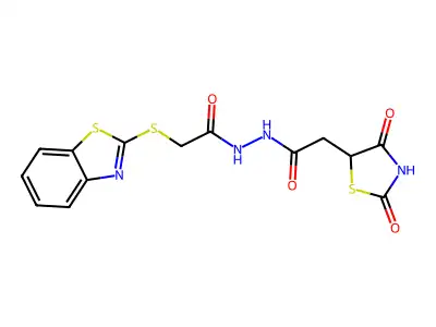 2-(benzo[d]thiazol-2-ylthio)-N'-(2-(2,4-dioxothiazolidin-5-yl)acetyl)acetohydrazide structure