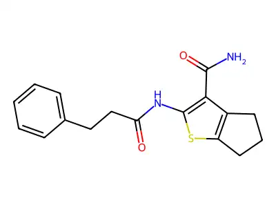 2-[(3-phenylpropanoyl)amino]-5,6-dihydro-4H-cyclopenta[b]thiophene-3-carboxamide structure