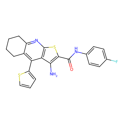 3-amino-N-(4-fluorophenyl)-4-(thiophen-2-yl)-5,6,7,8-tetrahydrothieno[2,3-b]quinoline-2-carboxamide structure