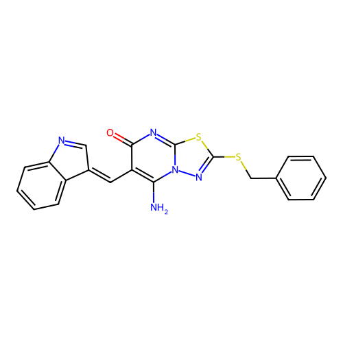 (Z)-6-((1H-indol-3-yl)methylene)-2-(benzylthio)-5-imino-5H-[1,3,4]thiadiazolo[3,2-a]pyrimidin-7(6H)-one structure