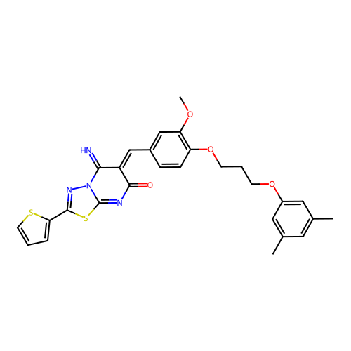 (6Z)-6-[[4-[3-(3,5-dimethylphenoxy)propoxy]-3-methoxyphenyl]methylidene]-5-imino-2-thiophen-2-yl-[1,3,4]thiadiazolo[3,2-a]pyrimidin-7-one structure