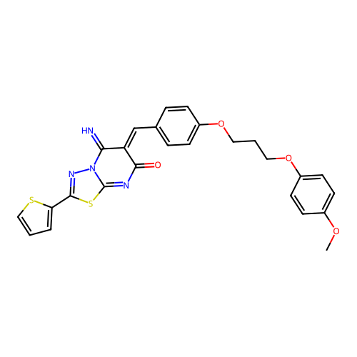 (6Z)-5-imino-6-[[4-[3-(4-methoxyphenoxy)propoxy]phenyl]methylidene]-2-thiophen-2-yl-[1,3,4]thiadiazolo[3,2-a]pyrimidin-7-one structure