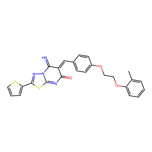 (6Z)-5-imino-6-[[4-[2-(2-methylphenoxy)ethoxy]phenyl]methylidene]-2-thiophen-2-yl-[1,3,4]thiadiazolo[3,2-a]pyrimidin-7-one structure