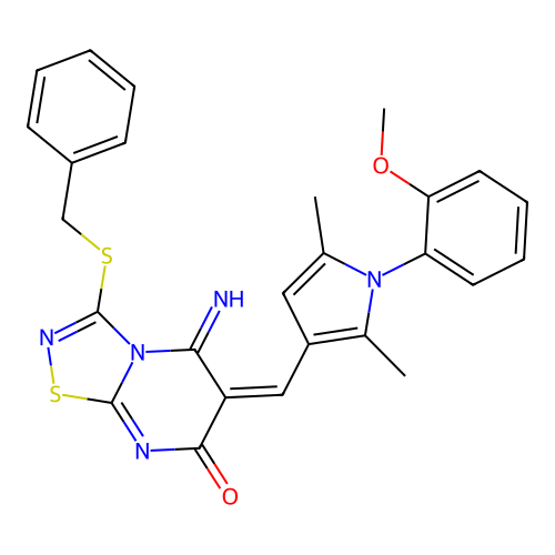 (E)-3-(benzylthio)-5-imino-6-((1-(2-methoxyphenyl)-2,5-dimethyl-1H-pyrrol-3-yl)methylene)-5H-[1,2,4]thiadiazolo[4,5-a]pyrimidin-7(6H)-one structure