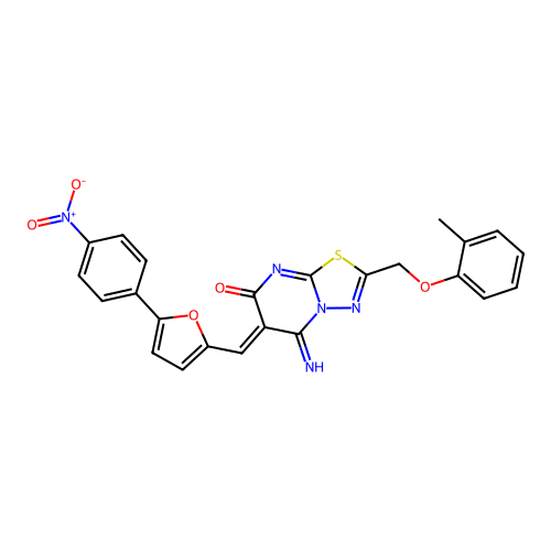 (Z)-5-imino-6-((5-(4-nitrophenyl)furan-2-yl)methylene)-2-((o-tolyloxy)methyl)-5H-[1,3,4]thiadiazolo[3,2-a]pyrimidin-7(6H)-one structure
