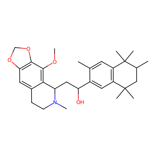 1-(3,5,5,6,8,8-hexamethyl-5,6,7,8-tetrahydronaphthalen-2-yl)-2-(4-methoxy-6-methyl-5,6,7,8-tetrahydro-[1,3]dioxolo[4,5-g]isoquinolin-5-yl)ethanol structure