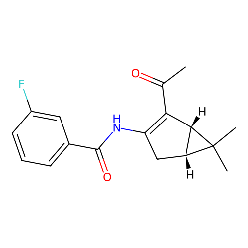 N-((1S,5R)-2-acetyl-6,6-dimethylbicyclo[3.1.0]hex-2-en-3-yl)-3-fluorobenzamide structure