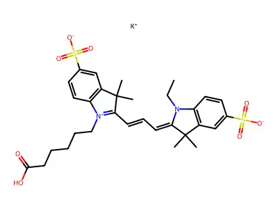 potassium;2-[3-[1-(5-carboxypentyl)-3,3-dimethyl-5-sulfonatoindol-1-ium-2-yl]prop-2-enylidene]-1-ethyl-3,3-dimethylindole-5-sulfonate structure