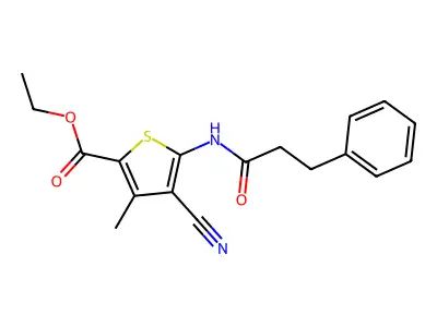 Ethyl 4-cyano-3-methyl-5-(3-phenylpropanamido)thiophene-2-carboxylate structure