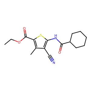 Ethyl 4-cyano-5-(cyclohexanecarboxamido)-3-methylthiophene-2-carboxylate structure