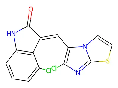 (3E)-4-Chloro-3-[(6-chloroimidazo[2,1-b]thiazol-5-yl)methylene]-1,3-dihydro-2H-indol-2-one structure