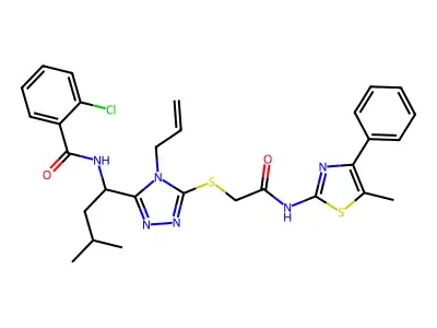 2-chloro-N-[3-methyl-1-[5-[2-[(5-methyl-4-phenyl-1,3-thiazol-2-yl)amino]-2-oxoethyl]sulfanyl-4-prop-2-enyl-1,2,4-triazol-3-yl]butyl]benzamide structure