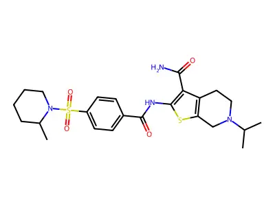 2-[[4-(2-methylpiperidin-1-yl)sulfonylbenzoyl]amino]-6-propan-2-yl-5,7-dihydro-4H-thieno[2,3-c]pyridine-3-carboxamide structure