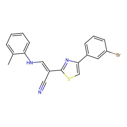(E)-2-(4-(3-bromophenyl)thiazol-2-yl)-3-(o-tolylamino)acrylonitrile structure