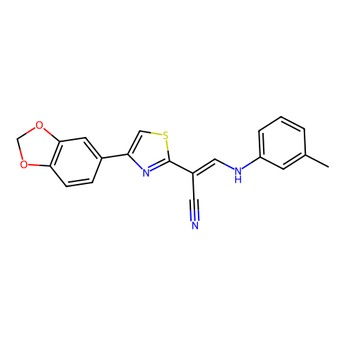(E)-2-(4-(benzo[d][1,3]dioxol-5-yl)thiazol-2-yl)-3-(m-tolylamino)acrylonitrile structure