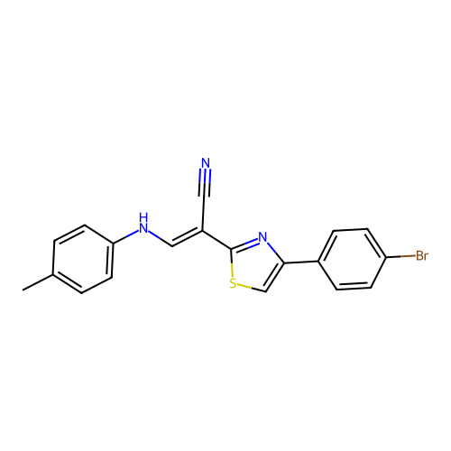 (2E)-2-[4-(4-bromophenyl)-1,3-thiazol-2-yl]-3-[(4-methylphenyl)amino]prop-2-enenitrile structure
