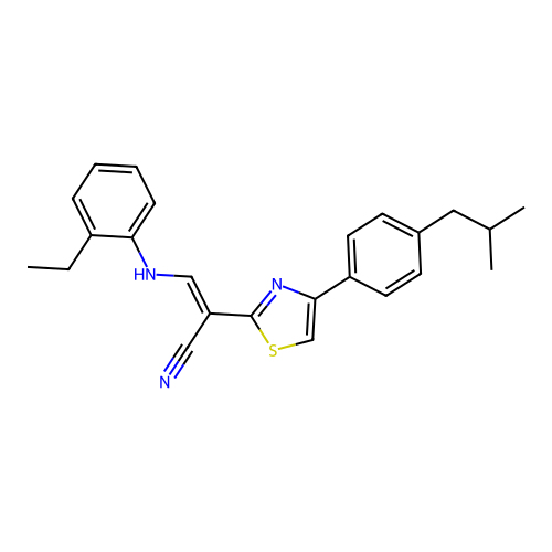 (2E)-3-[(2-ethylphenyl)amino]-2-{4-[4-(2-methylpropyl)phenyl]-1,3-thiazol-2-yl}prop-2-enenitrile structure