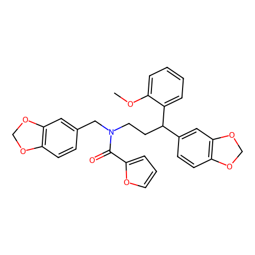 N-[3-(1,3-benzodioxol-5-yl)-3-(2-methoxyphenyl)propyl]-N-(1,3-benzodioxol-5-ylmethyl)furan-2-carboxamide structure
