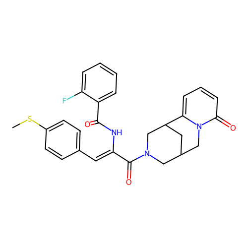 (Z)-2-fluoro-N-(1-(4-(methylthio)phenyl)-3-oxo-3-(8-oxo-5,6-dihydro-1H-1,5-methanopyrido[1,2-a][1,5]diazocin-3(2H,4H,8H)-yl)prop-1-en-2-yl)benzamide structure