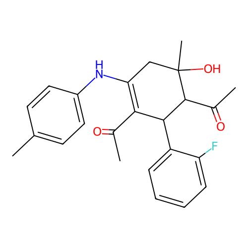 1,1'-(2'-fluoro-3-hydroxy-3-methyl-5-(p-tolylamino)-1,2,3,4-tetrahydro-[1,1'-biphenyl]-2,6-diyl)diethanone structure