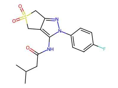 N-(2-(4-fluorophenyl)-5,5-dioxido-4,6-dihydro-2H-thieno[3,4-c]pyrazol-3-yl)-3-methylbutanamide structure