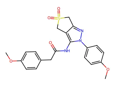 2-(4-methoxyphenyl)-N-(2-(4-methoxyphenyl)-5,5-dioxido-4,6-dihydro-2H-thieno[3,4-c]pyrazol-3-yl)acetamide structure