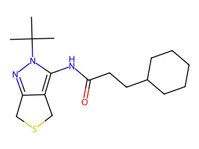 N-(2-tert-butyl-4,6-dihydrothieno[3,4-c]pyrazol-3-yl)-3-cyclohexylpropanamide structure